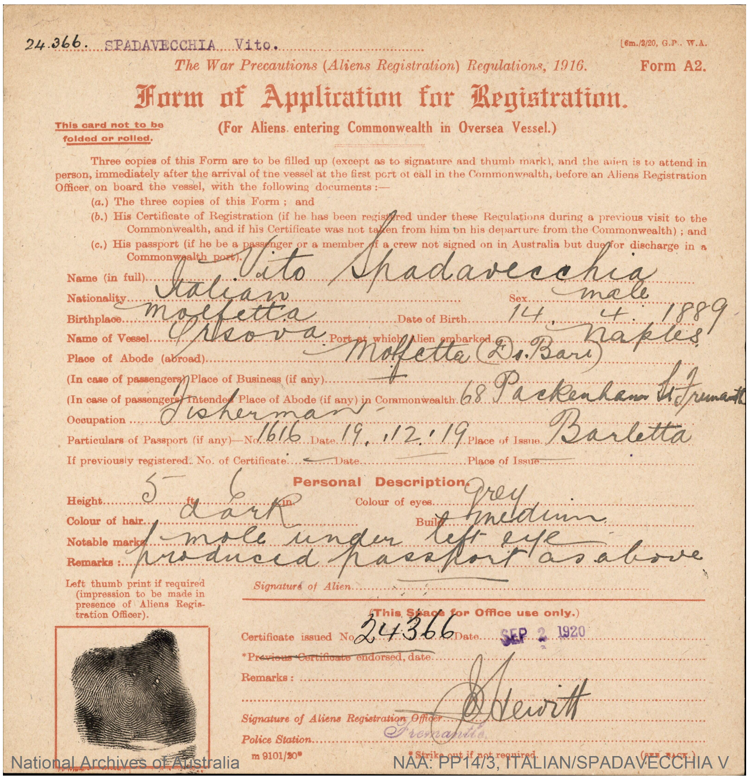 Vito Spadavecchia's Alien Registration Papers